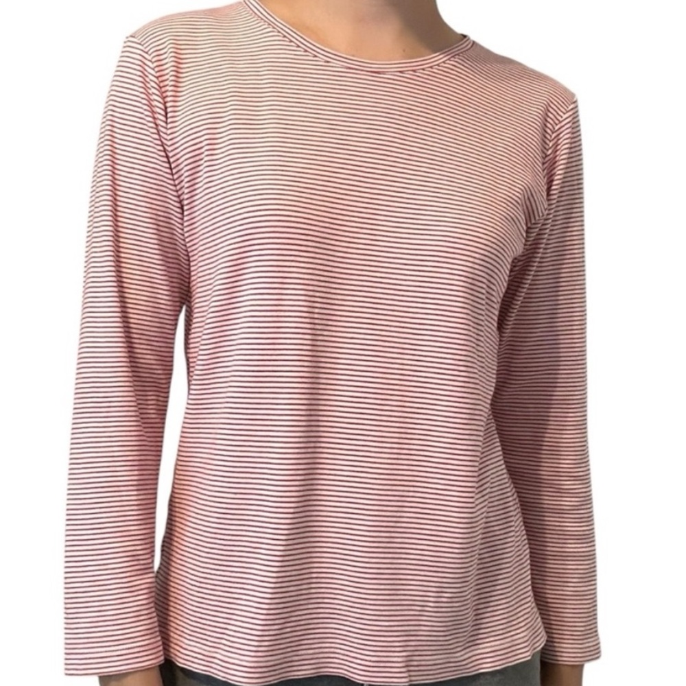 LAKE Pajamas Shirt Red Pink Striped Cotton PJ Top 100% Pima Cotton Womens Large - Picture 2 of 7